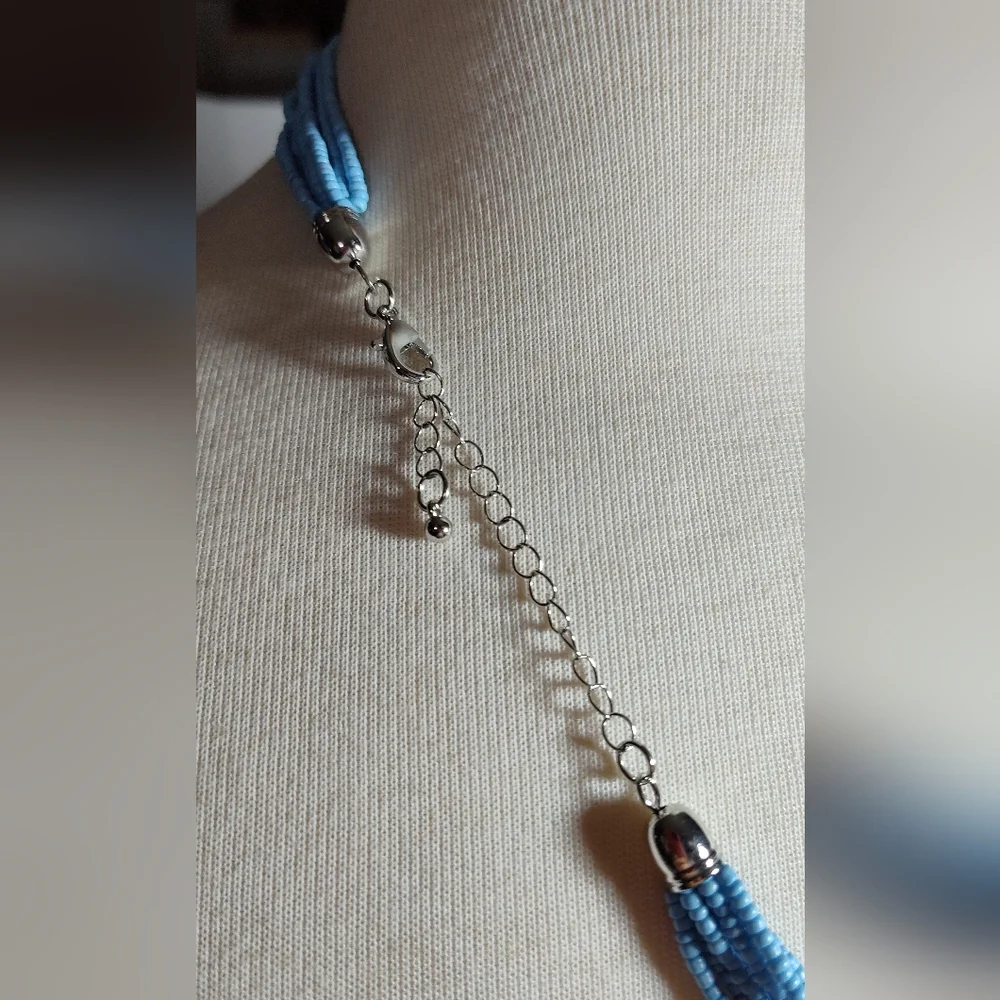 Blue and White Acrylic Disc Eith Blue Beads Necklace NWOT